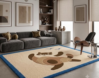 Può includere: Un tappeto rettangolare con un centro color crema caratterizzato da una grafica stilizzata di un procione nei toni del marrone e del beige e due piccoli uccelli blu. Il tappeto è incorniciato da un bordo blu spesso e strutturato.