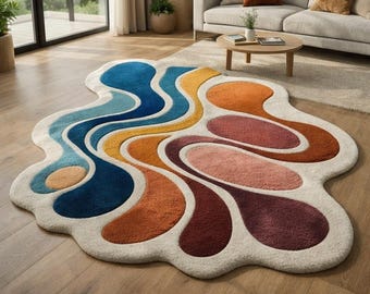 Esthetisch vloerkleed - Kleurrijk modern plaskleed uit het midden van de eeuw voor woonkamer, slaapkamer en kinderkamer - op maat gemaakt funky tapijt met wolstructuur