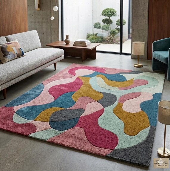Abstract Colorful Area Rug, Mid Century Modern Tufted Wool Carpet, Vibrant Wavy Living Room Rug, Aesthetic Large Floor Mat, Funky Home Decor