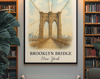 Brooklyn Bridge Watercolor Print, New York City Skyline (Digital Download)