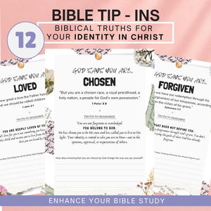 May include: A set of 12 Bible tip-ins featuring biblical truths for identity in Christ. Each white card displays a bold heading like Loved, Chosen, or Forgiven, accompanied by scripture verses, a truth to remember, and lined space for personal reflection.