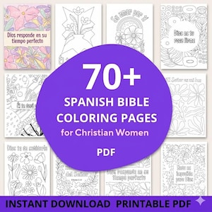 Puede incluir: Imagen de páginas para colorear de la Biblia en español para mujeres cristianas. Un círculo morado muestra el texto "70+ SPANISH BIBLE COLORING PAGES for Christian Women PDF". Las páginas presentan diseños florales y textos en español.