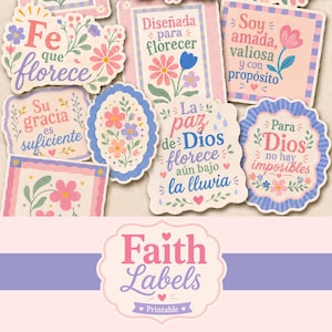 Puede incluir: Una colección de etiquetas coloridas con temática de fe, con diseños florales y citas inspiradoras. Las etiquetas presentan varias formas y colores pastel, con texto como "Faith Labels" y "Printable".