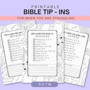 May include: Three printable Bible tip-ins with black and white floral and geometric line art borders. Each sheet features a checklist of scripture references for when feeling afraid, anxious, or lonely, with space for written reflections at the bottom.