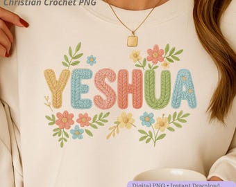 Yeshua Crochet Embroidery PNG | Jesus Christian Clipart | Soft Pastel Crochet Style Art for Shirts, Stickers & Printables