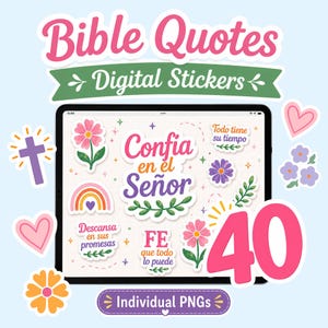 Puede incluir: Una ilustración digital de pegatinas digitales de citas bíblicas. La imagen presenta una tableta que muestra varios diseños de pegatinas, incluyendo flores, corazones, un arcoíris y texto en español. El número 40 se muestra de forma destacada, junto con el texto "PNG individuales."