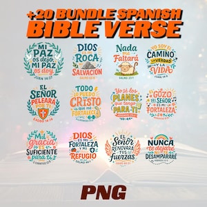 Puede incluir: Una colección de diseños coloridos de versículos bíblicos en español. El texto incluye frases como "Mi Paz os dejo, Mi Paz os doy" y "Dios es mi Roca". La imagen tiene el texto "+20 BUNDLE SPANISH BIBLE VERSE" en naranja.