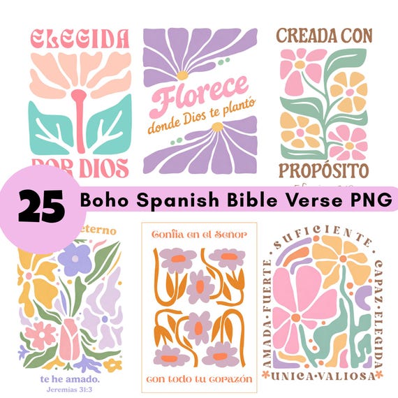 25 Boho Spanish Bible Verse PNG Bundle: Christian Phrases, Frases Cristianas (Digital Download)