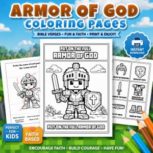 Puede incluir: Un conjunto de páginas para colorear imprimibles con ilustraciones de caballeros pixelados y el texto Armor of God. Las páginas incluyen un caballero central con espada y escudo, diagramas etiquetados y una cuadrícula de piezas de armadura.