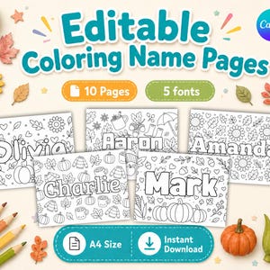 May include: A set of editable coloring name pages featuring five distinct fonts and ten pages in A4 size. The black and white designs include autumn-themed illustrations like pumpkins, leaves, sunflowers, and sweaters, with names such as Olivia, Aaron, Amanda, Charlie, and Mark displayed in bold outlines.