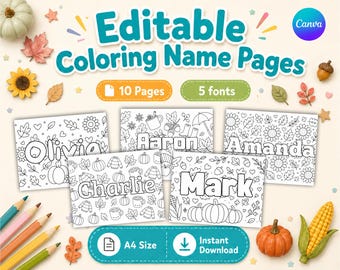 10 Custom Name Color Pages, Fall Coloring Pages, Homeschool Printable, Name color pages for kids, A4, Digital Download