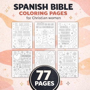 Puede incluir: Un conjunto de 77 páginas para colorear de la Biblia en español para mujeres cristianas. Las páginas presentan citas e ilustraciones inspiradoras, incluyendo una cruz, un faro y flores. El texto de la portada dice "Páginas para colorear de la Biblia en español."