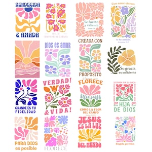 May include: A collection of colorful floral art prints with inspirational phrases in various languages. The designs feature flowers in shades of pink, orange, blue, and yellow, with text such as "Blessed & Loved" and "God is Love."