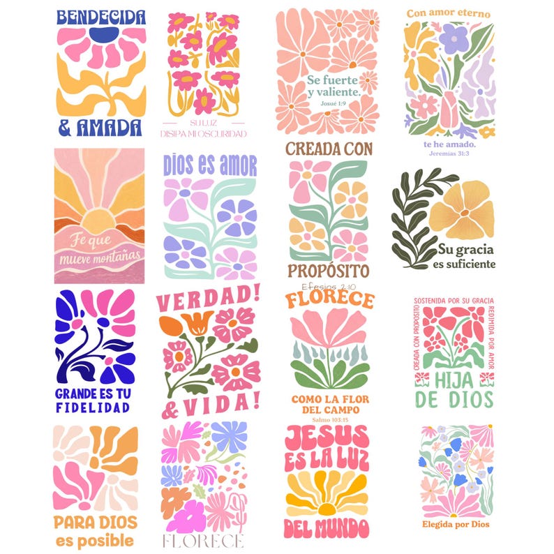 May include: A collection of colorful floral art prints with inspirational phrases in various languages. The designs feature flowers in shades of pink, orange, blue, and yellow, with text such as "Blessed & Loved" and "God is Love."