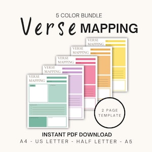 Puede incluir: Un paquete de 5 colores de plantillas de Verse Mapping de 2 páginas en verde, morado, rosa, naranja y amarillo. Cada hoja incluye secciones para versículos, escrituras, traducciones y notas. El texto incluye 5 COLOR BUNDLE VERSE MAPPING, 2 PAGE TEMPLATE, INSTANT PDF DOWNLOAD, A4 - US LETTER - HALF LETTER - A5.