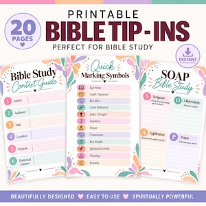 Peut inclure: Un ensemble de 20 pages imprimables pour Bible avec des bordures florales pastel et du texte sombre. Les pages incluent un guide de contexte d'étude biblique, un tableau de symboles de marquage rapide avec des icônes et un modèle d'étude biblique SOAP avec des sections pour l'Écriture, l'Observation, l'Application et la Prière.