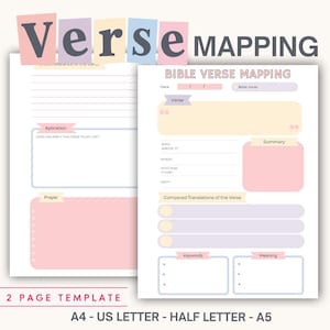 Puede incluir: Una plantilla de dos páginas para mapeo de versículos bíblicos con secciones en colores pastel para fecha, versículo, aplicación, oración, resumen y palabras clave. El documento incluye encabezados como Verse Mapping, Bible Verse Mapping y A4.