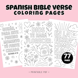 スペイン語聖書の詩句77点の塗り絵セット。キリスト教のアクティビティ。デジタルダウンロード。キリスト教のフレーズ