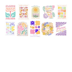 May include: A collection of colorful floral art prints with inspirational phrases in Spanish. Each print features unique flower designs in pastel colors, with text such as "Elegida por Dios" and "Dios es Amor."