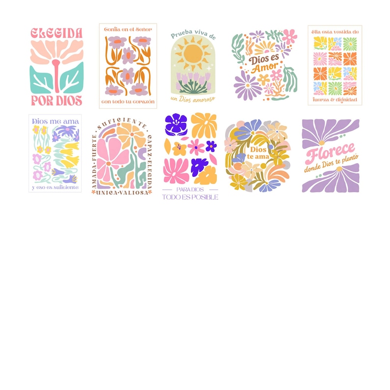 May include: A collection of colorful floral art prints with inspirational phrases in Spanish. Each print features unique flower designs in pastel colors, with text such as "Elegida por Dios" and "Dios es Amor."