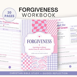 Puede incluir: Un cuaderno de ejercicios sobre el perdón de 20 páginas con una portada de patrones a cuadros, ondulados y de arcoíris en rosa, morado y blanco. El título dice FORGIVENESS: Learning to release, receive Grace & walk in Freedom. Incluye páginas interiores.