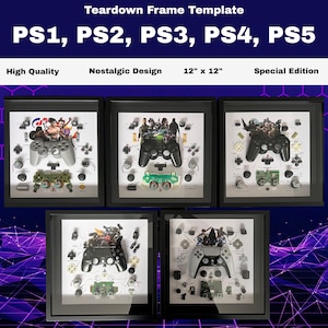 May include: A set of five black shadow box frames, each measuring 30.48 cm by 30.48 cm, displaying a teardown of PlayStation controllers from PS1 to PS5. Each frame contains a disassembled controller, internal components, and character art.