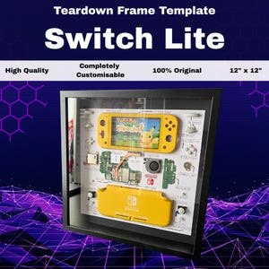 May include: A framed display of a yellow Nintendo Switch Lite, showcasing its internal parts. The frame is labelled "Switch Lite" and "Teardown Frame Template". The display measures 30.48 cm x 30.48 cm and features the game "Pokemon Pikachu".