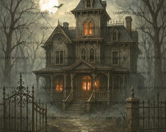 Haunted Manor with Iron Gates Halloween Wall Art 8x10 - Digital Print | Sofort Download