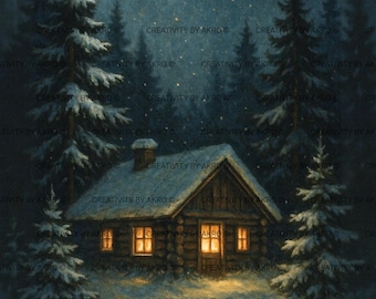 Snowy Cabin Winter Night Print – Vintage Christmas Cottage (Instant Download)