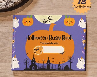 May include: A rectangular Halloween Busy Book with a purple cover featuring a large orange pumpkin, ghosts, bats, and a haunted house silhouette. The text reads Halloween Busy Book, This book belongs to, and 12 Activities.