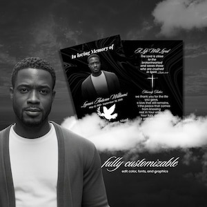 May include: Black and white memorial cards with a photo and text. The cards read "In loving Memory of" and "A Life Well Lived." The cards are fully customizable with editable colors, fonts, and graphics. The image also features a man.