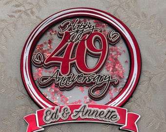 40th Anniversary Cake Topper – Ruby Anniversary Circle Glitter Shaker Topper Cake 40 Years Married Decoration, Red Anniversary Party Decor