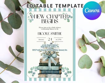 Editable Teal Floral Book Theme Baby Shower Invitation Template | Storybook Gender Neutral Invite |