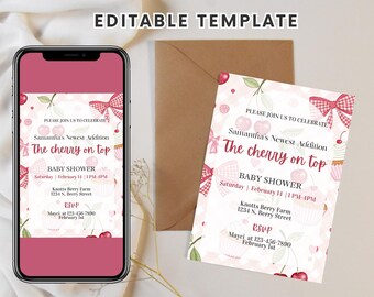 Cherry Baby Shower Invitation, Pink Bow Plaid Theme (Canva Editable Template)
