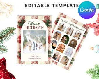 Red Plaid Vintage 12 Month Picture Christmas Card, Digital Download Editable Canva Templates
