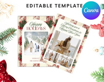 Red Plaid Vintage Picture Christmas Card, Digital Download Editable Canva Templates