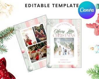 Pink Vintage Merry Little Christmas Card, Digital Download Editable Canva Templates