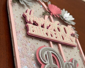 Custom 3D Pink and Silver Flower Happy Birthday Cake Topper
