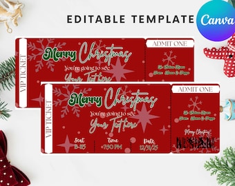 Red Christmas Concert Ticket Template, Printable VIP Gift (Digital Download)