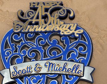 45th Anniversary Sapphire Blue & Gold Heart Cake Topper Decoration with Silver Accents