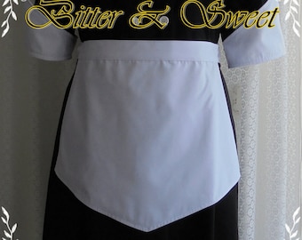 May include: A black and white maid's uniform with a white apron. The apron has a pointed bottom and is attached to a black waistband. The text "Bitter & Sweet" is written in a decorative font across the top of the image.