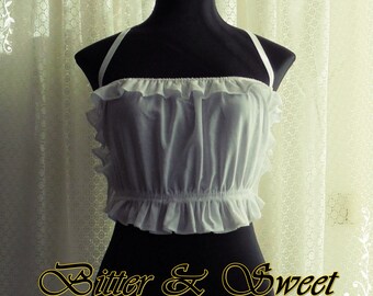 Ruffled White Cotton Crop Top: Steampunk Burlesque Style (M Size)