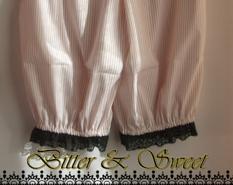 Striped Bloomers: XS White & Red Ruffle Shorts with Black Lace