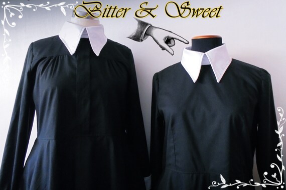 Vestido negro con mangas largas y cuello alto blanco - Etsy España Vestido negro con mangas largas y cuello alto blanco - Etsy España
