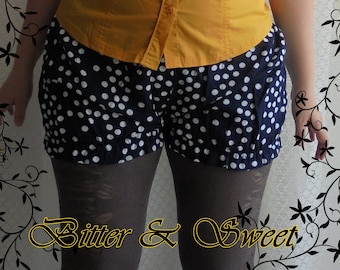 Navy Polka Dot Bloomers: Steampunk Ruffle Mini Shorts (Size M-S)