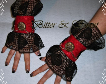Ruffled Red-Black Cuff with chain M "Bitter & Sweet"