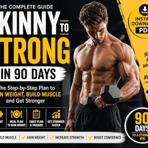 Puede incluir: Imagen promocional de una guía de fitness "Skinny to Strong in 90 Days", con un hombre musculoso sosteniendo una mancuerna. La guía promete ayudar a ganar peso, construir músculo y fortalecerse. Incluye descarga PDF.