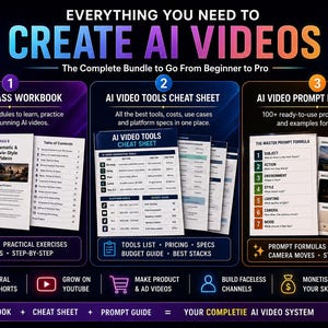 May include: A digital guide titled "Everything You Need to Create AI Videos." It includes a masterclass workbook, AI video tools cheat sheet, and a prompt formula guide. The guide promises to take users from beginner to pro.