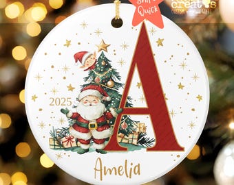 Personalized Santa Initial Letter Ceramic Christmas Ornament, Custom Holiday Keepsake
