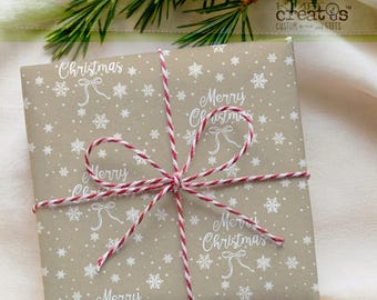 Merry Christmas Kraft Style Gift Wrapping Paper, Rustic Farmhouse Design, White Snowflakes and Bow
